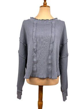 We The Free Ellie Thermal Waffle Knit Long Sleeve Top Slouchy Oversized Gray Lar